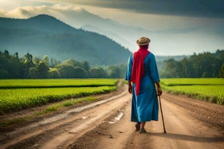 A man walking down the road with his cane.