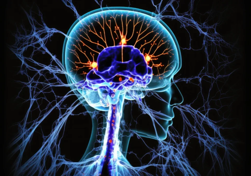 A picture of an electric brain with a blue background.